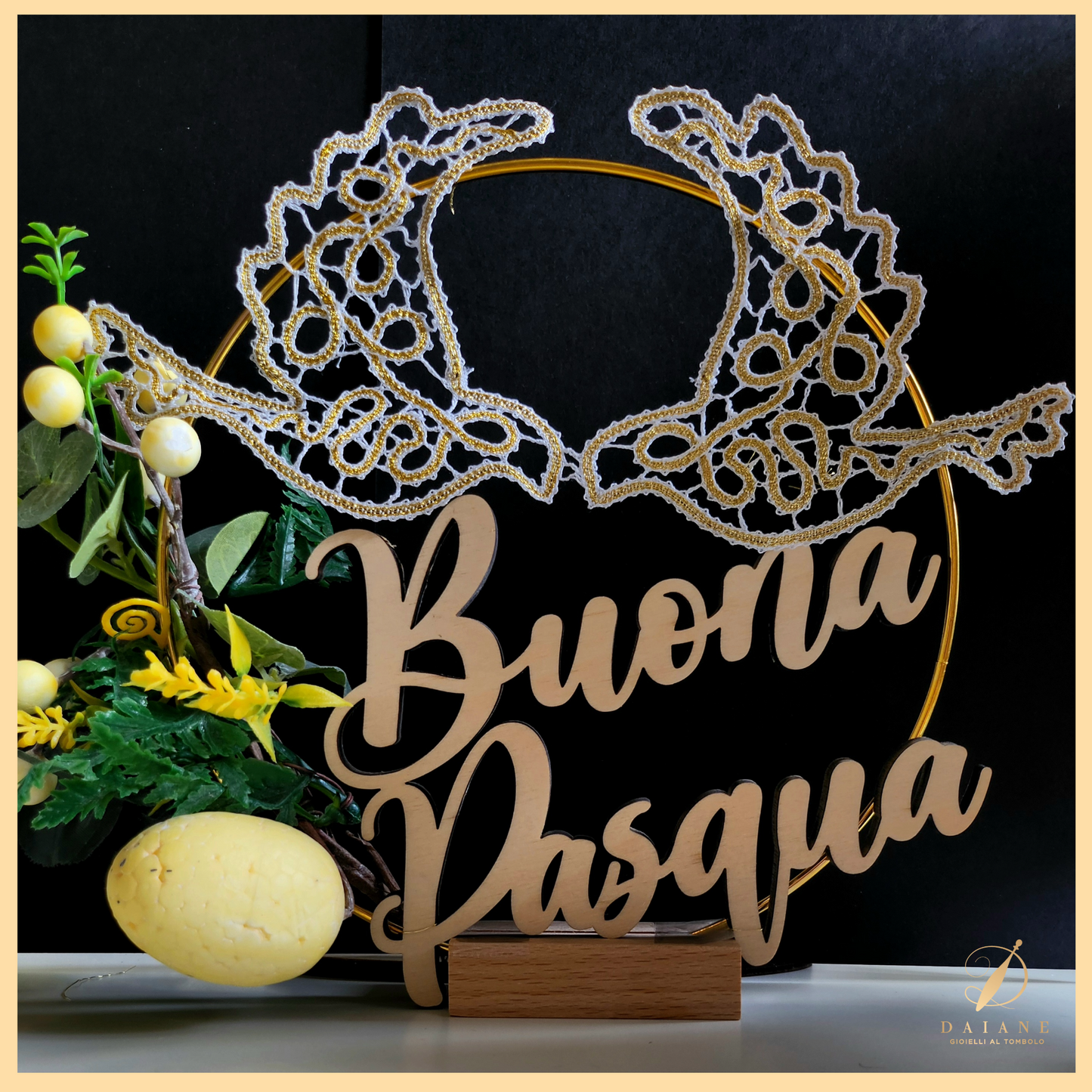 Bobbin Lace Wooden Plaque "Happy Easter"