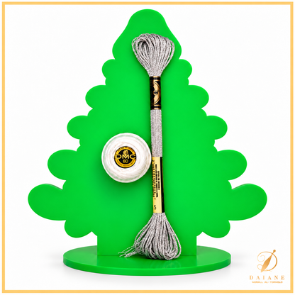 Bobbin Lace Christmas Tree Magical Bobbin Lace Pattern Complete Kit (Pattern + 2 Thread + 15 Beads + Tree) White Cotton Silver Metallic Green