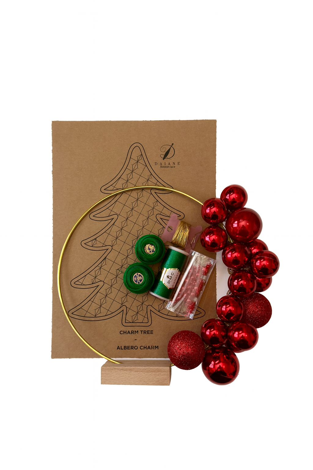 Bobbin Lace Charm Christmas Tree Bobbin Lace Pattern Complete Kit (Pattern + 4 Thread + Circle) Red