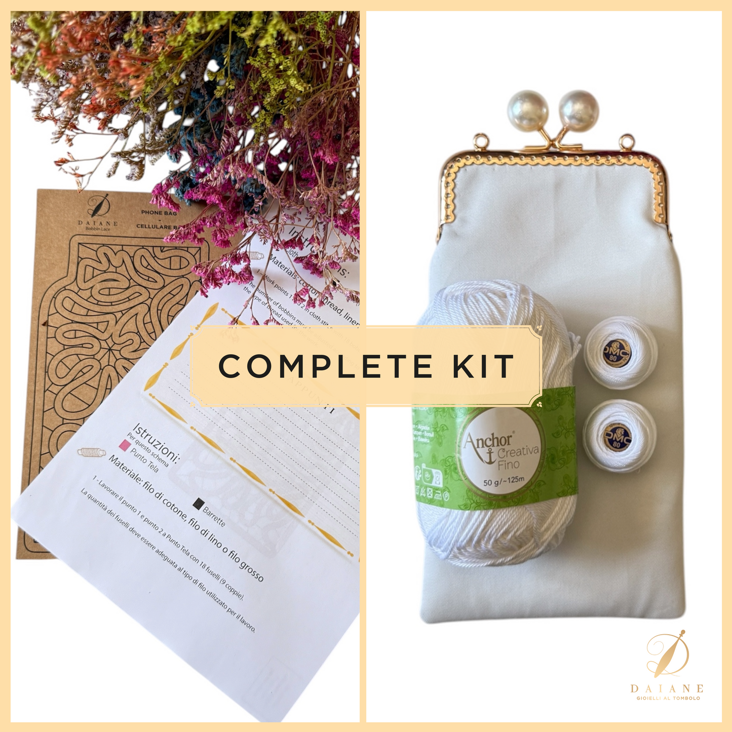 Bobbin Lace Phone Bag Bobbin Lace Pattern Complete Kit (Pattern + 3 Thread + Cloth Bag)