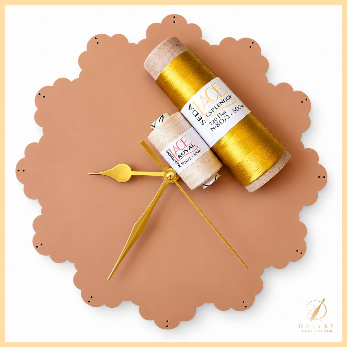 Bobbin Lace Eternita Clock Bobbin Lace Pattern Complete Kit (Pattern + 2 Thread + Base Clock) Hazelnut Ecru Cotton Gold Silk