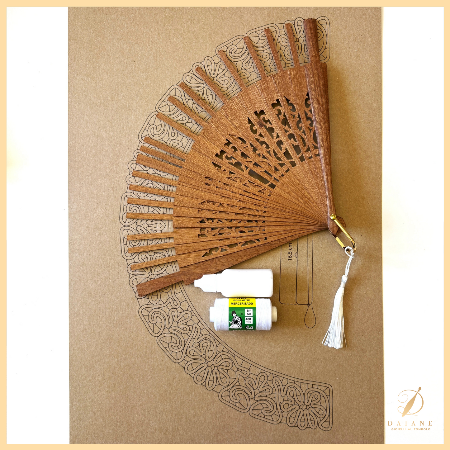 Bobbin Lace Diva Fan Bobbin Lace Pattern Complete Kit (Pattern + Thread + Fan + Glue) Fan Kit 2 (Sipo wood structure)